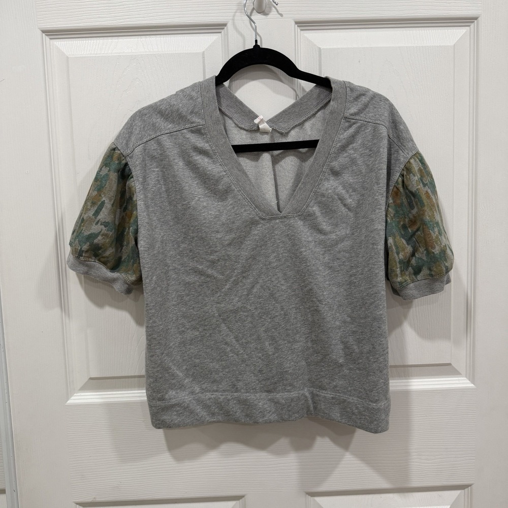 Anthropologie Daily Practice Moss Puff Sleeve Top Gray Green Sz Medium Crop